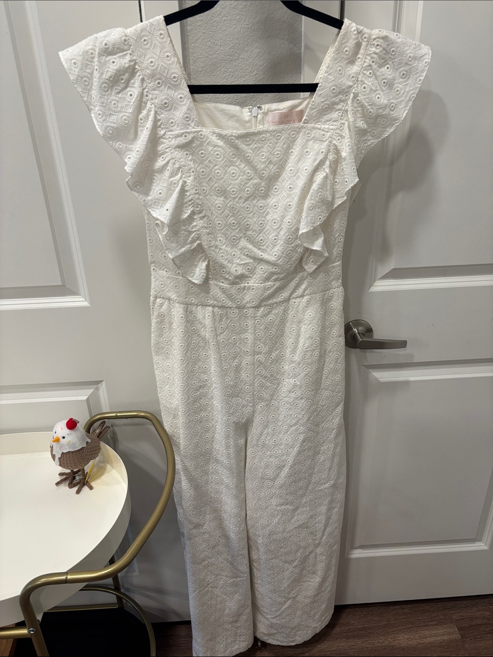 GUC Rachel Parcell White Eyelet Ruffle-Sleeve Square Neck Jumpsuit